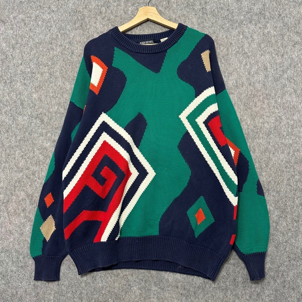 Vintage John Henry Mens Abstract Geometric Pattern Navy Green Cotton Sweater XL‎